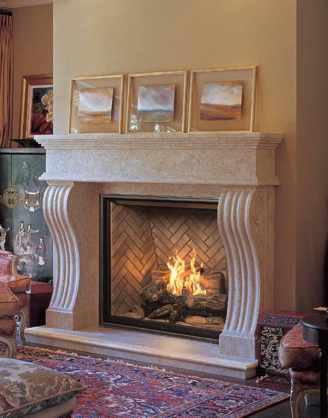 Gas fireplace burning in the Fireplace Mart showroom
